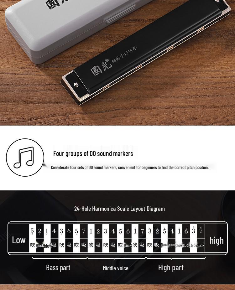 Guoguang 24-Hole Harmonica Set: Beginner to Pro Level, Double Reed, 12 Keys, Suitable for All Ages.