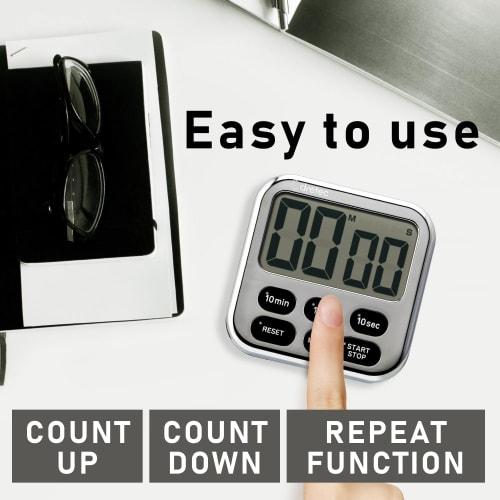 Dretec Large Screen Timer with 6 Function-Rich Keys, Switchable Clock Display, Magnetic, Digital, Soap 6, Chrome Plated, for Cooking and Kitchen