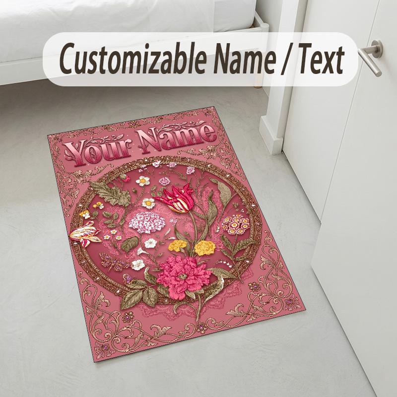 Floral Artwork Theme Soft Crystal Velvet Rug Custom Name & Text Print Non Slip Floor Rug for Bedroom Living Room