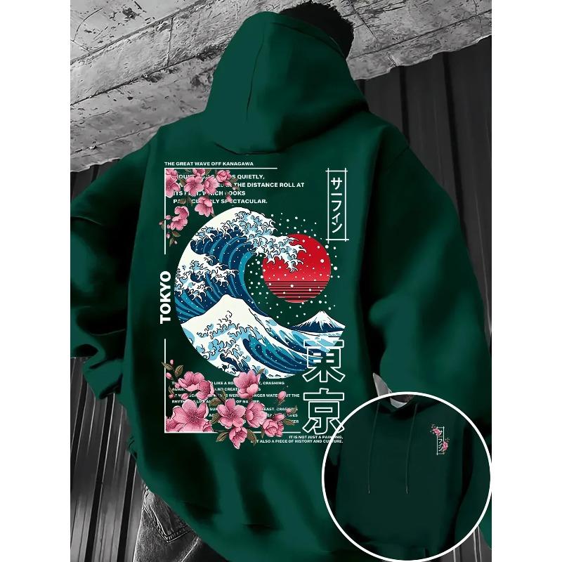 Ukiyo-E Great Wave Kanagawa Hoodie Men Aesthetic Sakura Tokyo Letter Graphic Sweatshirt Oriental Vintage Daily Hooded Pullover