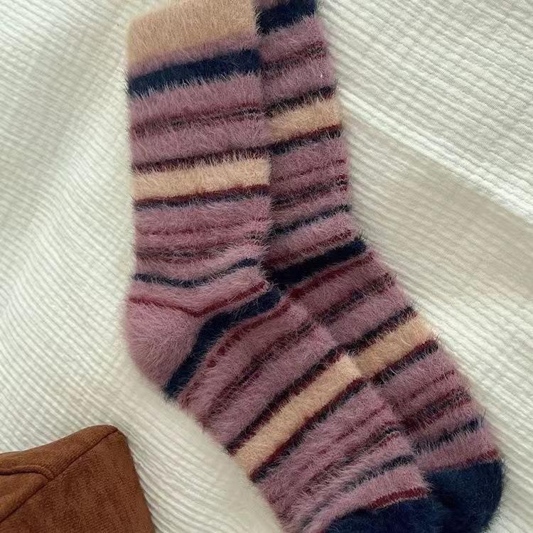 Mink Velvet Socks Warm Korean Retro Color Matching Striped Socks Girl Medium Tube Socks Thickened Velvet Confinement Socks
