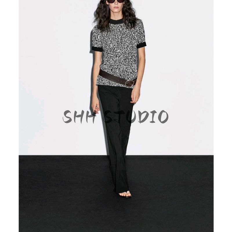 MD Autumn New Women clothes Simple Commuter Style Short Version round Neck Short sleeve Color Plug Knit t-shirt Top 5751597