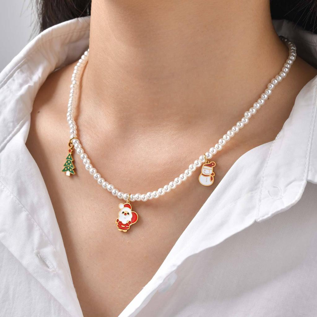 Stainless Steel Santa Claus Christmas Tree Snowman Imitation Pearl Beaded Necklace Female, Christmas Sweater Chain Nc-1256