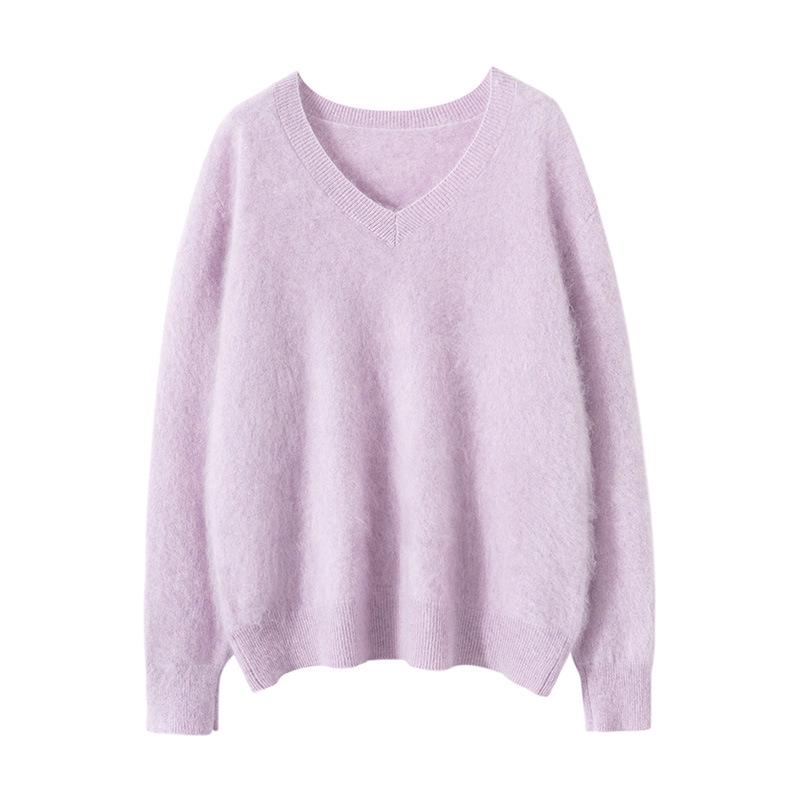 

Женский свитер из 100% кашемира с V-образным вырезом - Осенне-зимний свободный крой, Плюшевый однотонный топ One Size