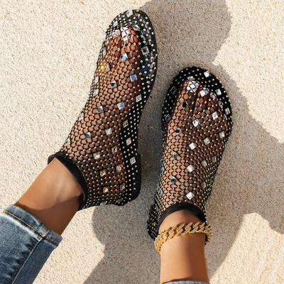 Fashion Summer Women's New Round Toe Flat Bottom Sandals Hollow Short Boots Water Diamond Sexy Flat Bottom Fashion Banquet Sandals
