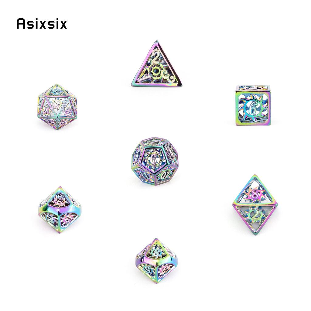 7 Pcs Colorful Rotary Cyclone Metal Dice Hollow Metal Polyhedral Dice Set Suitable for Role-Playing RPG Board Game Card Game