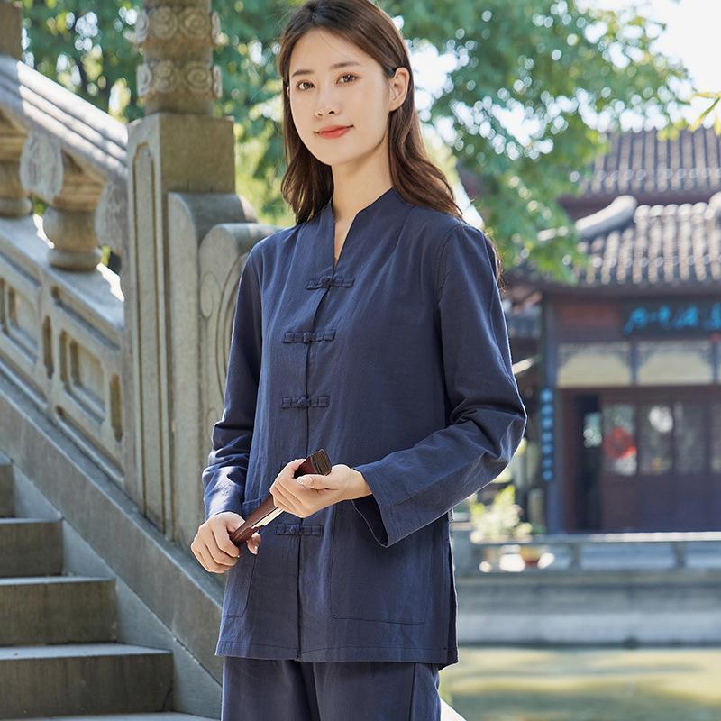 

Женский комплект для медитации сидя и тайцзи большого размера, свободный топ с длинными рукавами и брюки, комплект из двух предметов 6XL темно-синий