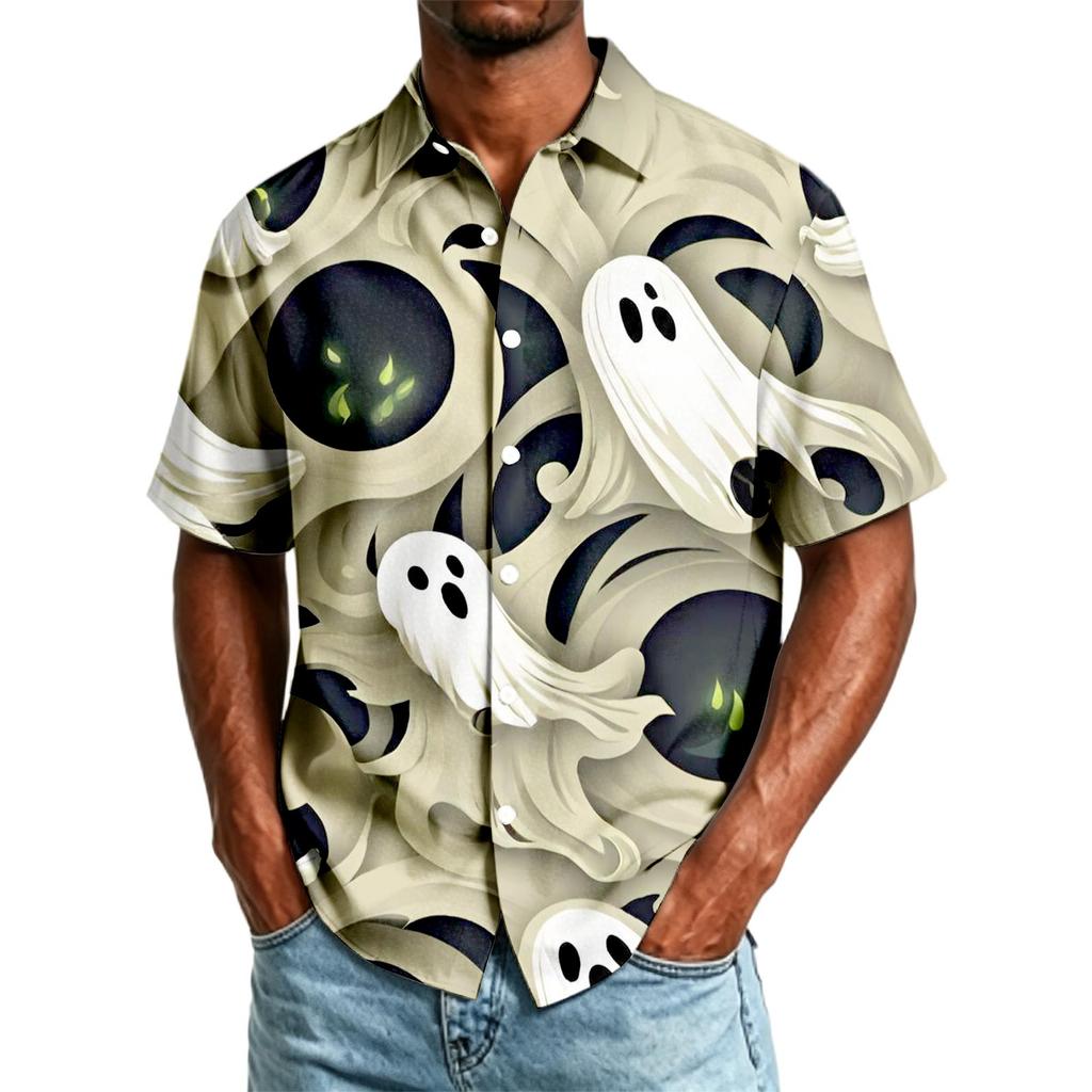 Herren Freizeithemd Kurzarm Button-Down Halloween-Print Leichtes Atmungsaktives Gewebe Lockere Passform Hemd für den Alltag