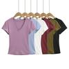 T-Shirt mit tiefem V-Ausschnitt, schulterfrei, kurzärmelig, Damen Sommer Neu, Amerikanischer Spice Girl Stil, einfarbig, figurbetont und dünn, Unterzieb-Top