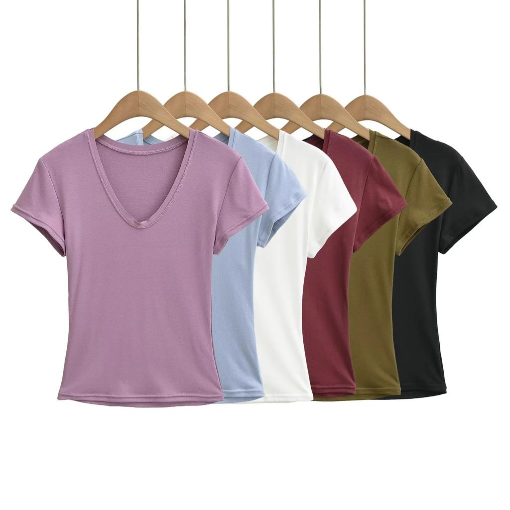 T-Shirt mit tiefem V-Ausschnitt, schulterfrei, kurzärmelig, Damen Sommer Neu, Amerikanischer Spice Girl Stil, einfarbig, figurbetont und dünn, Unterzieb-Top