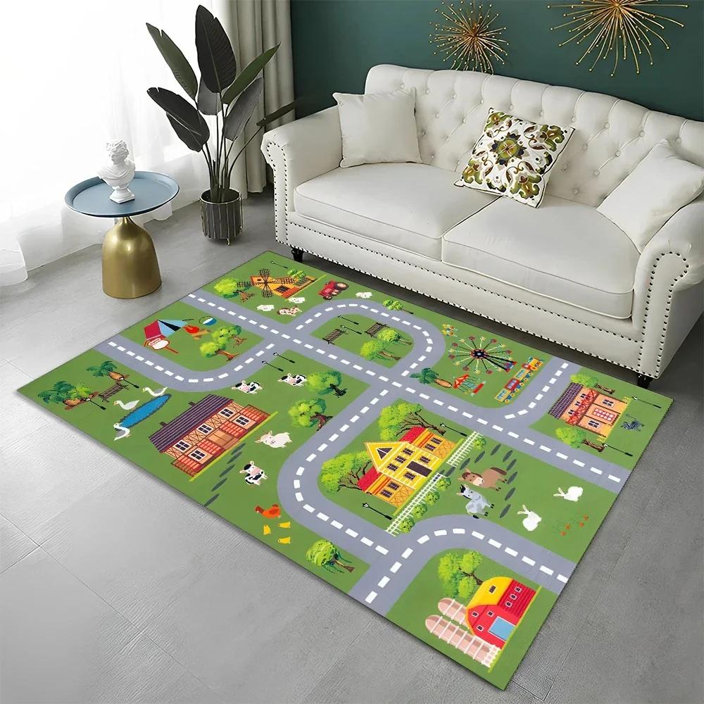 Highway City Kinderspielmatte Verkehr Spielzimmer Teppich Teppich für Zuhause Wohnzimmer Schlafzimmer Fußmatte Dekor, Bereichsteppiche Rutschfeste Bodenmatte