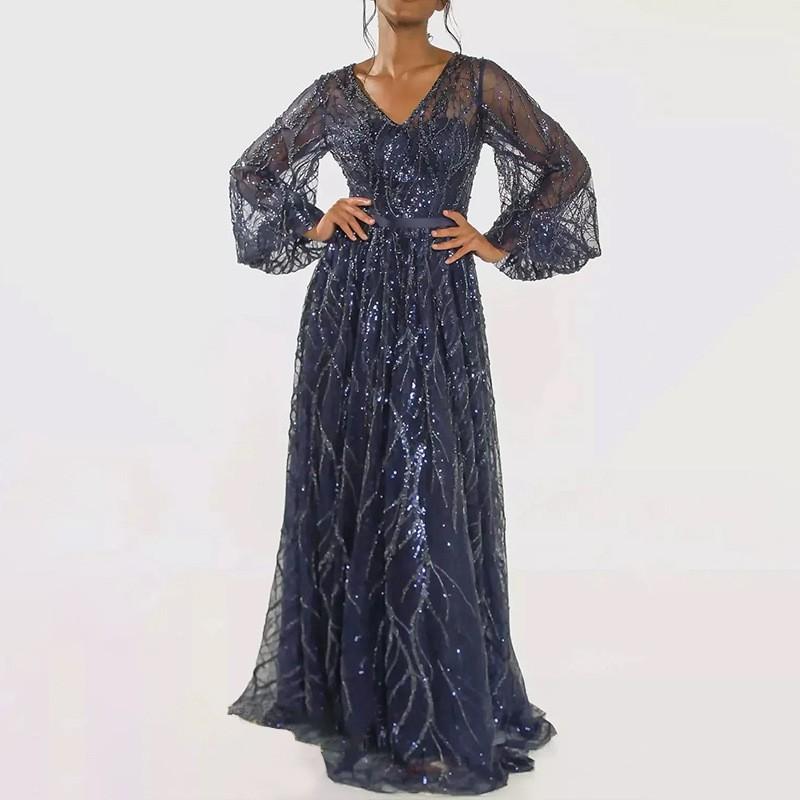 Elegant V-Neck Long Dress With Sequins