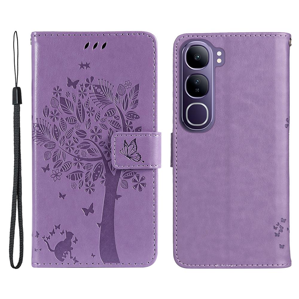 

For vivo V40 Lite (Indonesia) 5G/V40 Lite (Indonesia) 4G Phone Case with Stand Cat Tree Pattern Leather Wallet Mobile Cover Light Purple