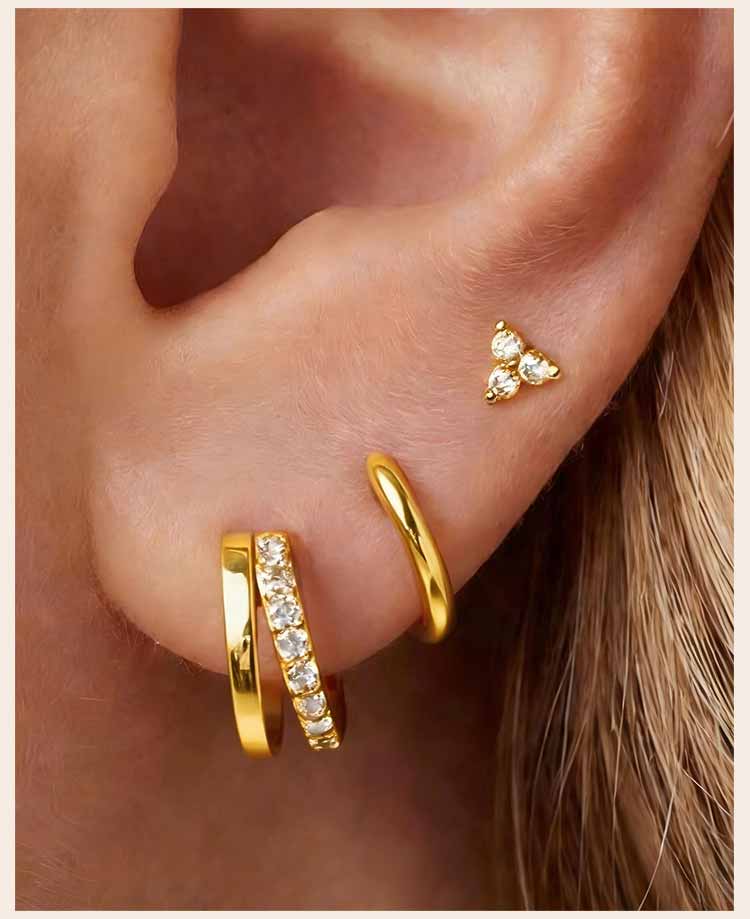 3 Pcs Set Hoop Stud Earrings for Women, Multiple Piercing CZ Crystal Triangle Studs Stackable Huggie Earrings Set Jewelry