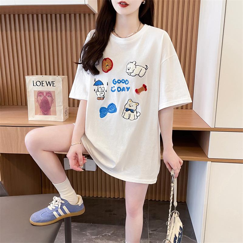 Large size women's clothing, foreign style, summer fashion embroidery, loose cartoon t-shirt, short-sleeved women's