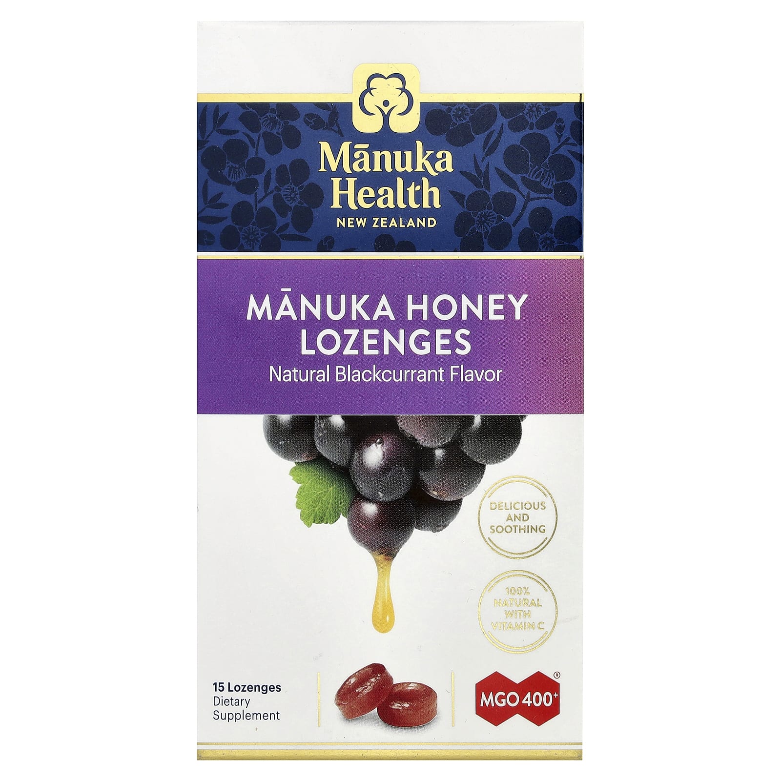 

Manuka Honey Lozenges, Blackcurrant, Mgo 400+, 15 Pieces