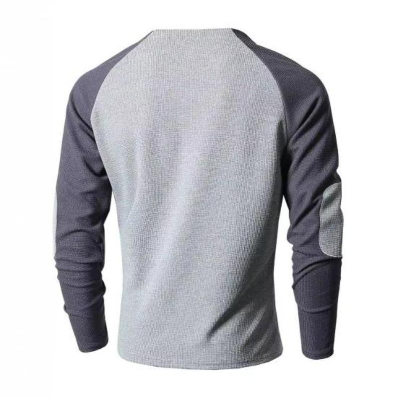 Spring Fall Men Top Regular Fit Colorblocked Long-Sleeve T-Shirt Buttoned Round Neck Patch Decor Casual Sports Parties T-shirt