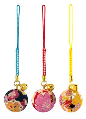 [Zune] Blumen Chirimen Glocken (25 mm und 8 mm Durchmesser) Japanischer Chirimen Netsuke Anhänger Schlüsselanhänger Große Glocke (2er Set (Indigo, Rot und Yamabuki))