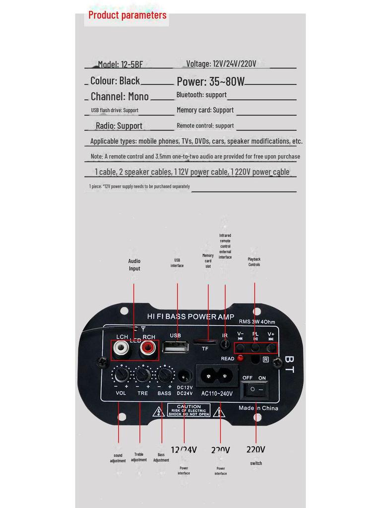 Universelle Hochleistungs-Bluetooth-Verstärkerplatine für Heim & Auto mit eingebautem Lautsprecher und Unterstützung für starke Bässe (12V/24V/220V)