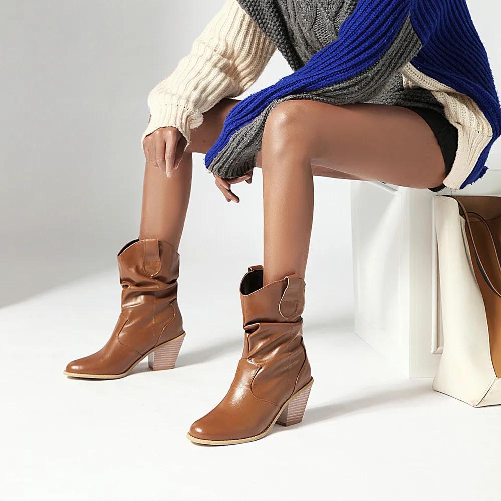 Fashion 2025 Motorcycle Western Cowgirl Boots Faux Leather Cowboy Ankle botas Women Wedge High Heel Boots chunky botas mujer size 34-43