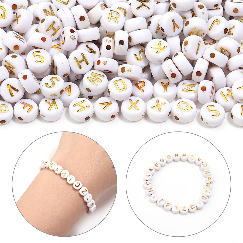 100Pcs 7mm Acrylic Alphabet Beads A-Z Gold Color Letters Beads For Jewelry Making Flat Round Spaced Bead DIY Bracelet Necklace