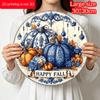 2D Flat Printed, 1pc Blue & White Porcelain Autumn Pumpkin Wall Art - Aluminum Hanging Circular Pediment with Happy Fall Design, Lightweight Durable
