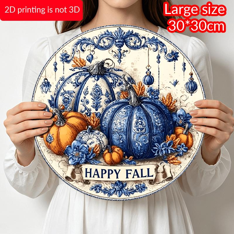 2D Flat Printed, 1pc Blue & White Porcelain Autumn Pumpkin Wall Art - Aluminum Hanging Circular Pediment with Happy Fall Design, Lightweight Durable