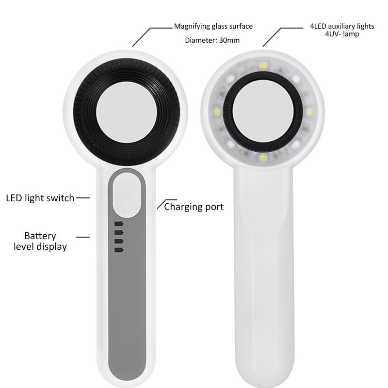 60x Handheld Rechargeable Magnifying Glass With 4led Auxiliary Lighting 4uv Lamp Illuminated Magnifier For Reading/repair