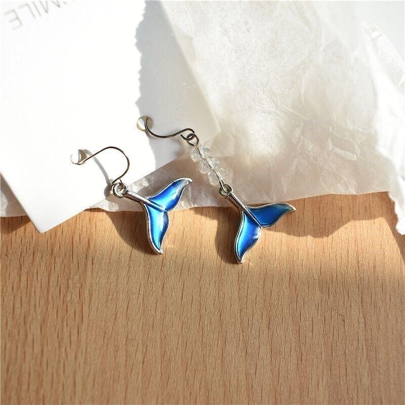 Dongdaemun temperament versatile asymmetrical dolphin fish tail earrings personalized transparent triangular crystal earrings