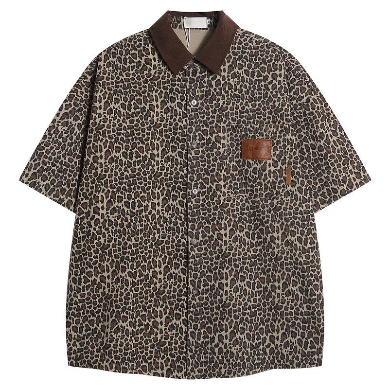 BeatStreet Sommer Stilvolles Leopardenmuster Kurzarmhemd Herren Elegant Attraktiv Patchwork-Halsausschnitt Design Locker Lässige Oberteile