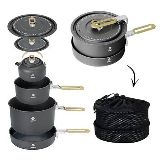 ALOCS Camp Cooker Set 4 Pieces Aluminum Pot Kettle Non-Stick Frying Pan Included 2-4 People Direct Fire Compatible Disaster Preparedness JFSL