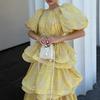 French multi-layer ruffle edge long bubble sleeve printing design waist long dress summer new dress women