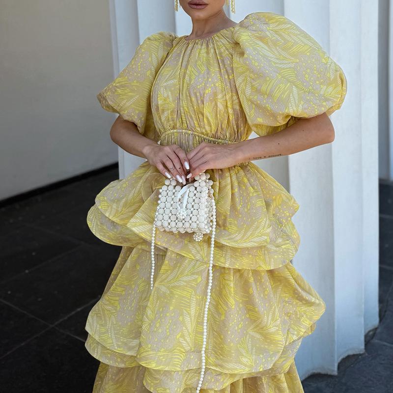French multi-layer ruffle edge long bubble sleeve printing design waist long dress summer new dress women