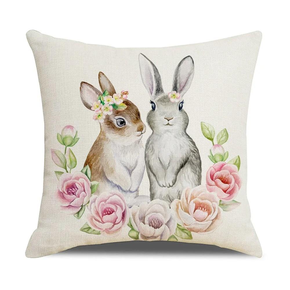 Cute Bunny And Floral Easter Cushion Covers Pattern Cushion Cover Suitable For Sofa Bedroom Car Pillow Cover