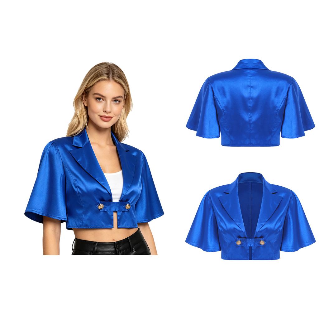 Women Satin Jacket Top Lapel Collar Flutter Sleeve Front Button Blouse Victorian Style for Casual Daily Party Wear