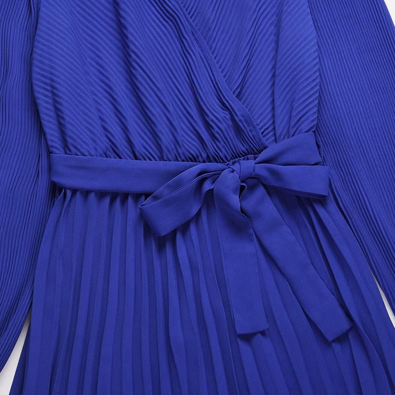 Women V Neck Long Sleeve Pleated A Line Solid Color Lace Up High Waist All Match Dresses S-XXL
