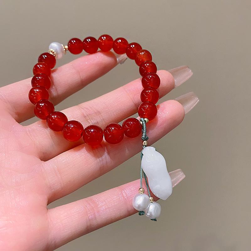 Chinese Style Red Beaded Peanut Bracelet Women's Elastic Rope Adjustable Bracelet Simple Jewelry