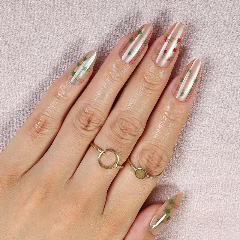 24-Piece Christmas Almond Cat Eye Nail Art Tips with Painted Stars and Grid Design DM-118 (24 pcs/box)