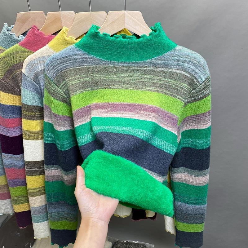 

One-piece fleece semi-turtleneck sweater women s fleece thick bottoming shirt autumn and winter new striped knitted sweater with top inside One size fits all [recommended 80-60kg]