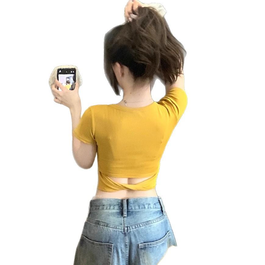 

Pure desire yellow u-neck short-sleeved T-shirt women s back niche design feeling exposed navel slim and thin short Spice Girl top tide S