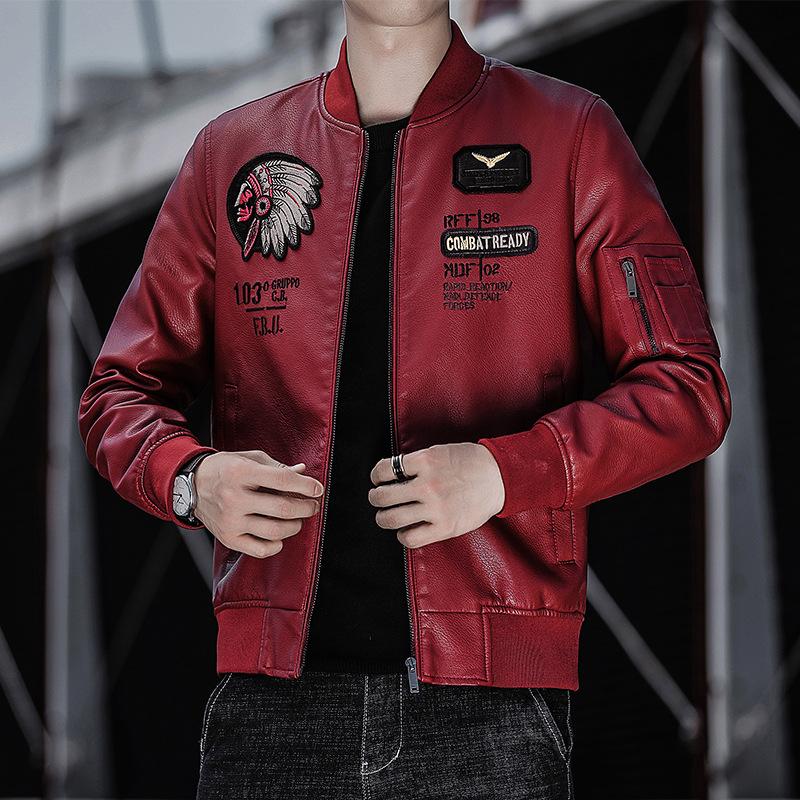 Men's Pu Leather Jacket Baseball Collar Embroidered Motorcycle Jacket Autumn and Winter Casual Trendy Leather Jacket for Men