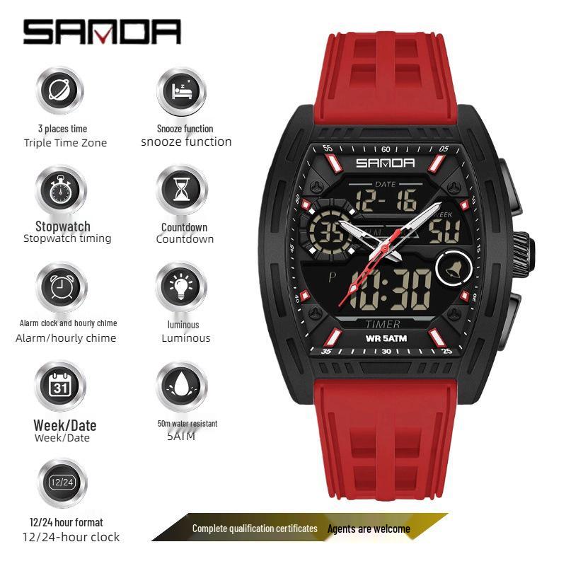 SANDA Men's Waterproof Luminous Sports Watch - Countdown & Multifunctional Barrel-Shaped Electronic Watch with Large Dial
