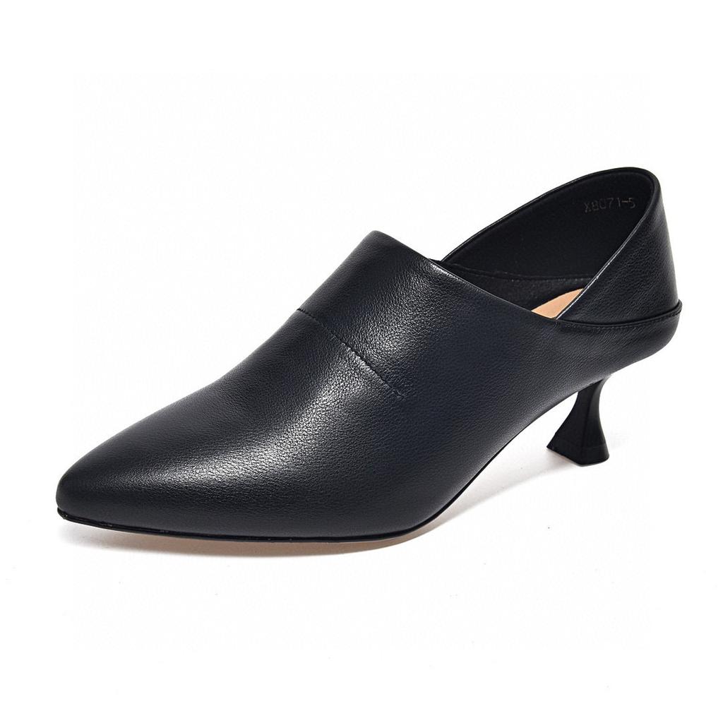 Pointed High Heels Women's Shoes 2025 Spring New European and American Style First Layer Cowhide Deep Mouth Fashion Shoes Thin Heel Two Shoes