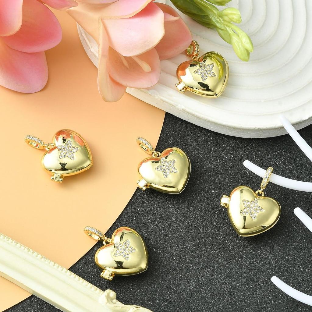 Ipotkitt 5Pcs Heart with Star Brass Micro Pave Cubic Zirconia Diffuser Locket Charm Pendants Openable Ornaments for DIY Making - 19.5x22.5mm