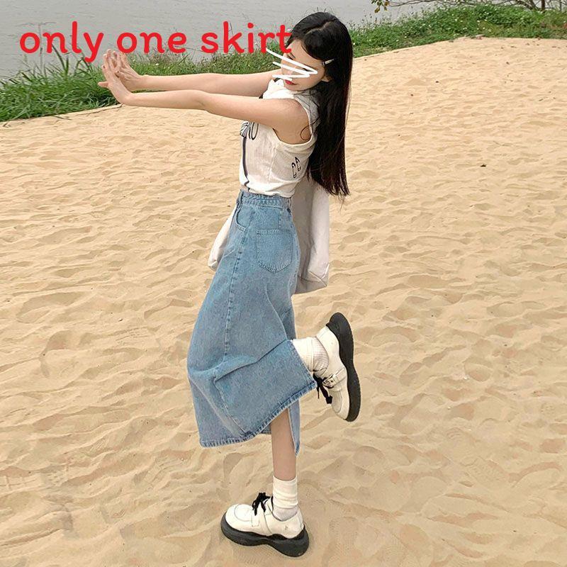 Denim Skirt High Waist Split A Line With Vintage Wash For Summer Casual Wear
