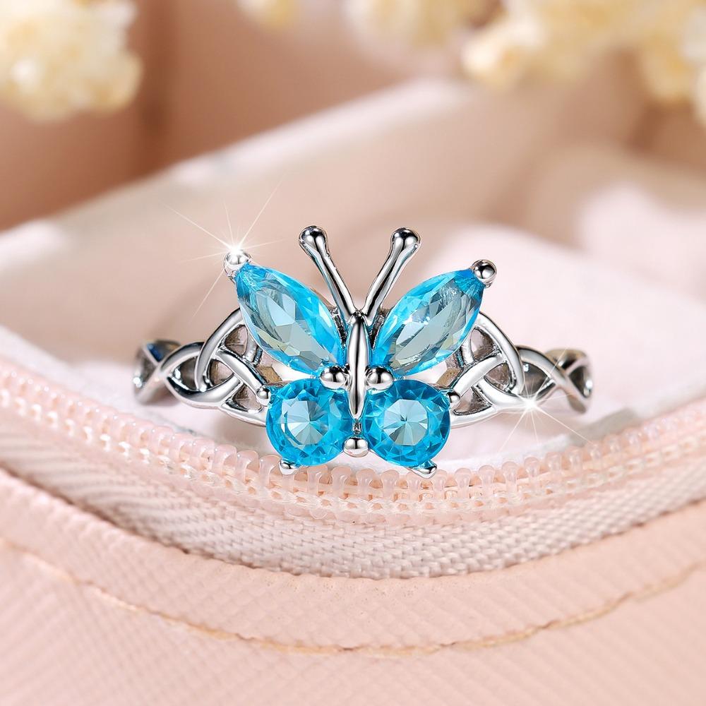 Hollow Out Colored Diamond Butterfly Design Ring Summer Fashion Exquisite Small Fresh Personality Ring
