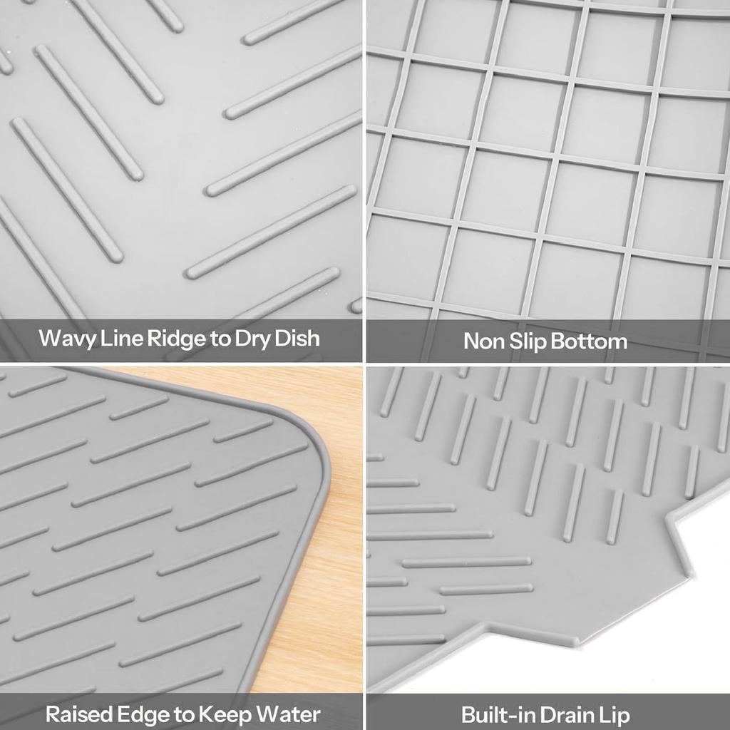 Silicone Dish Drying Mat with Built In Drain Lip Prevent Water Build Up Drying Pad Tray for Kitchen Grey