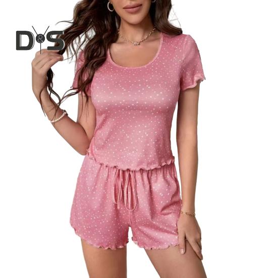 Women's Pajamas Set Short Sleeve Crew Neck Top Elastic Waist Drawstring Shorts Ruffle Lounge Set Summer 2 Piece Sleepwear Set