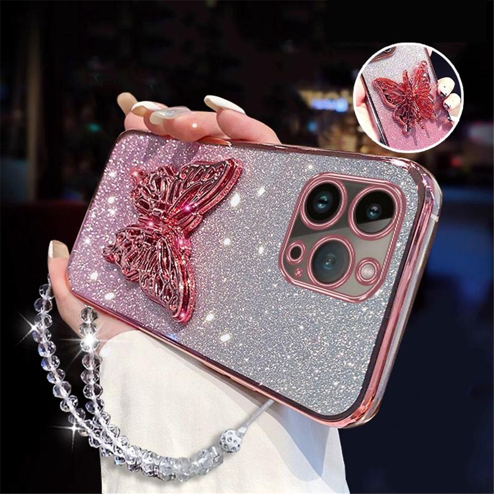 Luxury Butterfly Phone Holder Crystal Bracelet Case For Samsung S25 S24 S23 Ultra S21 S22 Plus S20 FE S10 Glitter Plating Cover
