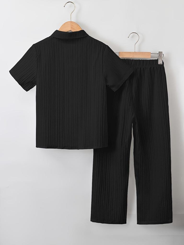 Conjunto de dos piezas para niño 130-170cm Camisa de rayas con textura casual y ligera para negocios y Pantalones